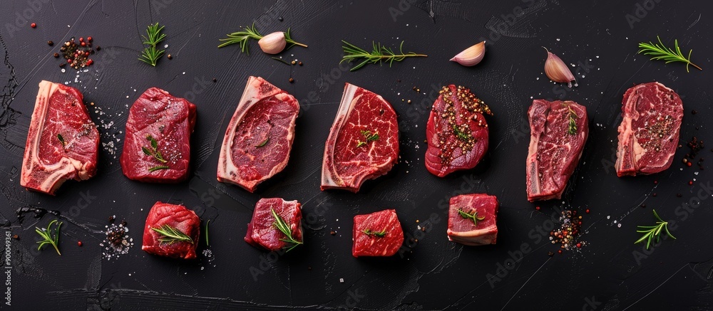 Fototapete Top view of a selection of fresh raw Black Angus prime meat steaks like T bone New York and Ribeye with seasoning displayed on a black background to create an appealing copy space image