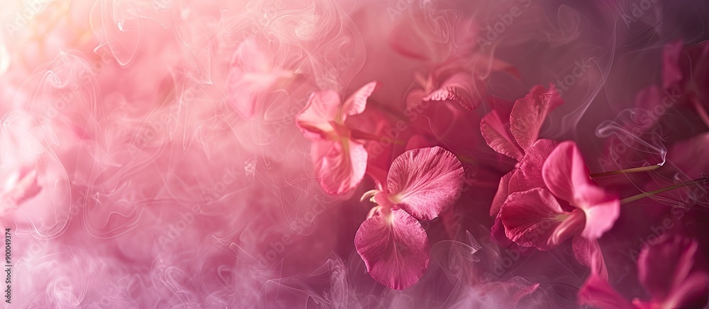 Aufkleber pink flower petals in soft focus blending with foggy smoke in a horizontal natural background with c
