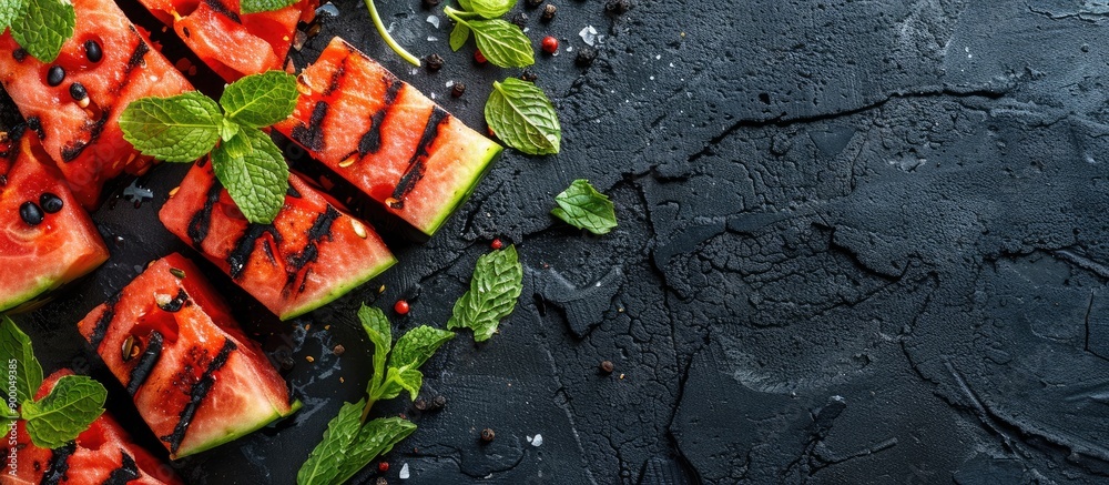 Aufkleber grilled watermelon slices with mint in a close up copy space image