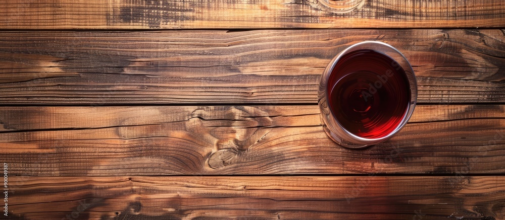 Aufkleber an aerial picture of a red wine glass on a blurry wooden board backdrop texture with a focusing on t