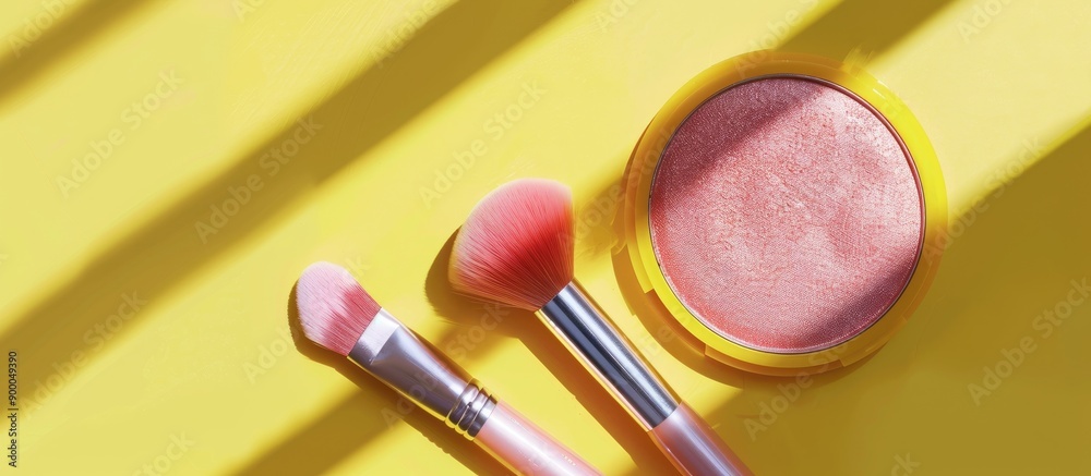 Poster Makeup essentials like a facial highlighter and bright brush displayed atop a yellow backdrop in a flat lay composition with copy space image