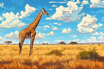 Fototapeta premium Majestic Giraffe Standing in the Vibrant African Savannah Landscape under the Bright Sunlight