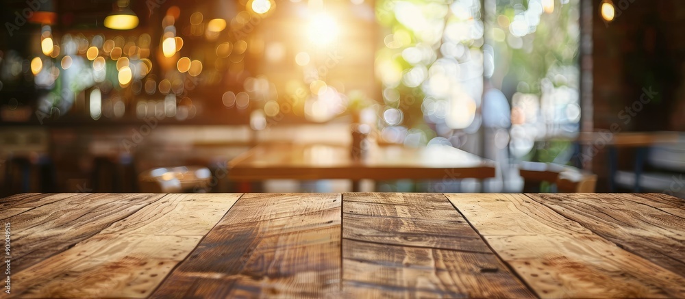 Poster wooden table at a cafe or bar with blurred background perfect for showcasing products with copy spac