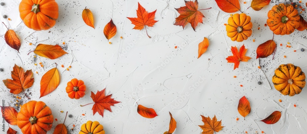 Leinwandbilder Top down view of pumpkins and autumn leaves on a white backdrop with space for text or images ideal for Halloween or Thanksgiving themes. with copy space image. Place for adding text or design