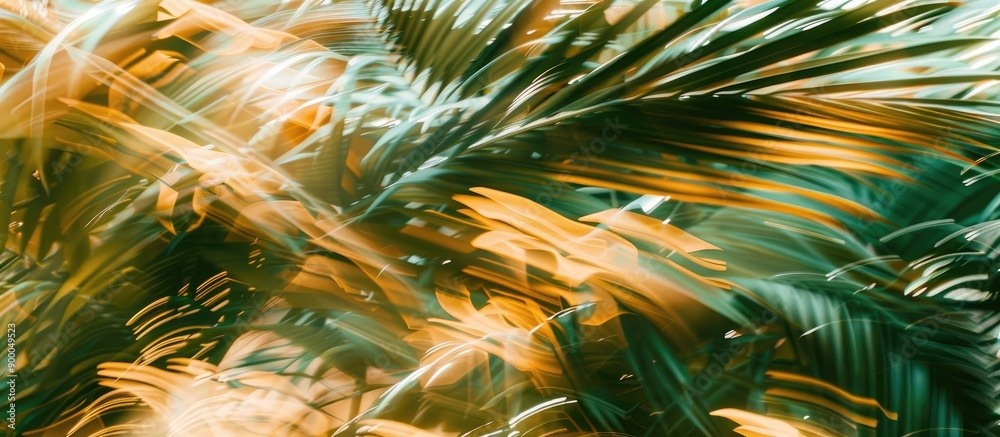 Poster Blurry leaves of a moving palm tree create an abstract pattern suitable for business blogs t shirt designs or water sports shown in an artistic photograph with filtered effect. with copy space image