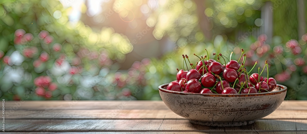 Fototapete Close up copy space image of ripe cherries in a ceramic bowl on a wooden table with a garden backdrop perfect for adding text