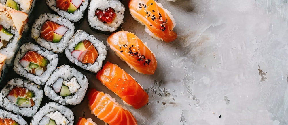 Poster A variety of sushi rolls featuring salmon trout tuna tobiko caviar and nori set on a table with a view from the top offering a healthy and organic meal option with copy space for text