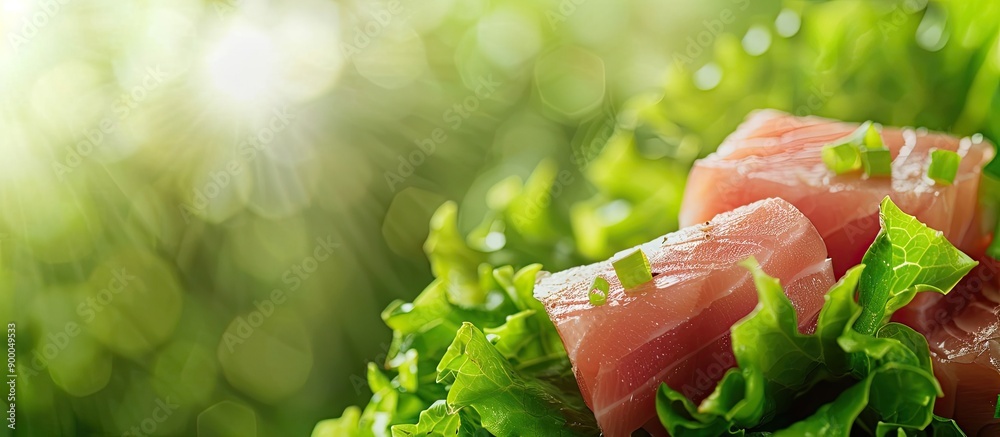Poster Tuna fillet on lettuce set against a bright backdrop with copy space image for a banner