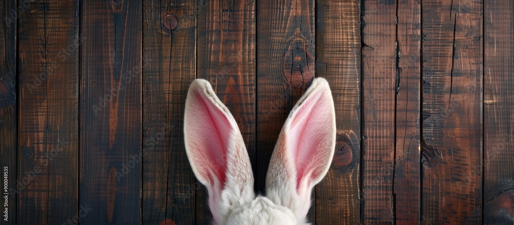 Poster top down view of the easter bunny s ears against a dark wooden background with copy space image