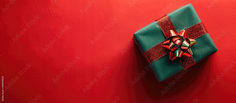 Poster Christmas themed gift box displayed on a festive red backdrop with blank space for additional image elements