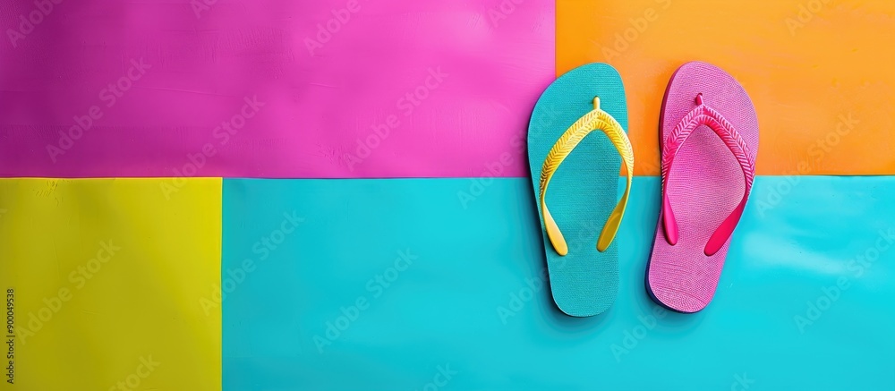 Poster Colorful flip flop sandals for a summer vacation displayed on a vibrant background with ample copy space for an image taken from above