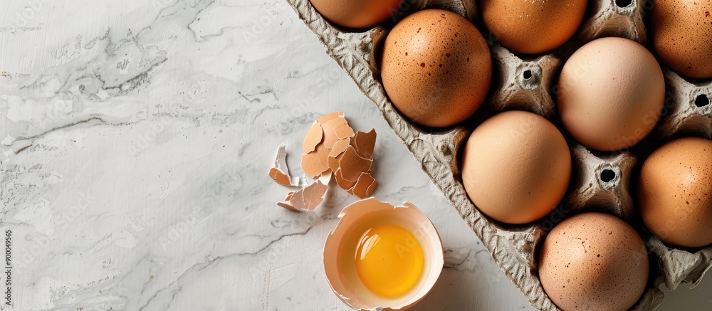 Leinwandbilder top view of raw broken egg and hen eggs in an egg carton with copy space image