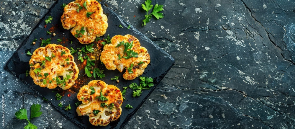 Poster Cauliflower steak seasoned with herbs and spices displayed on a dark stone surface with copy space for text or design captured from a top down angle