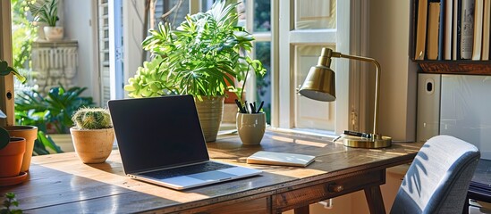 Comfortable home office desk setup with a laptop and a neat copy space image