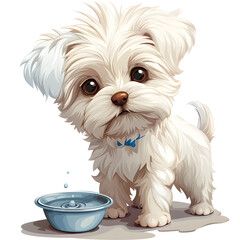 small white dog standing next to water bowl isolated on white background, png