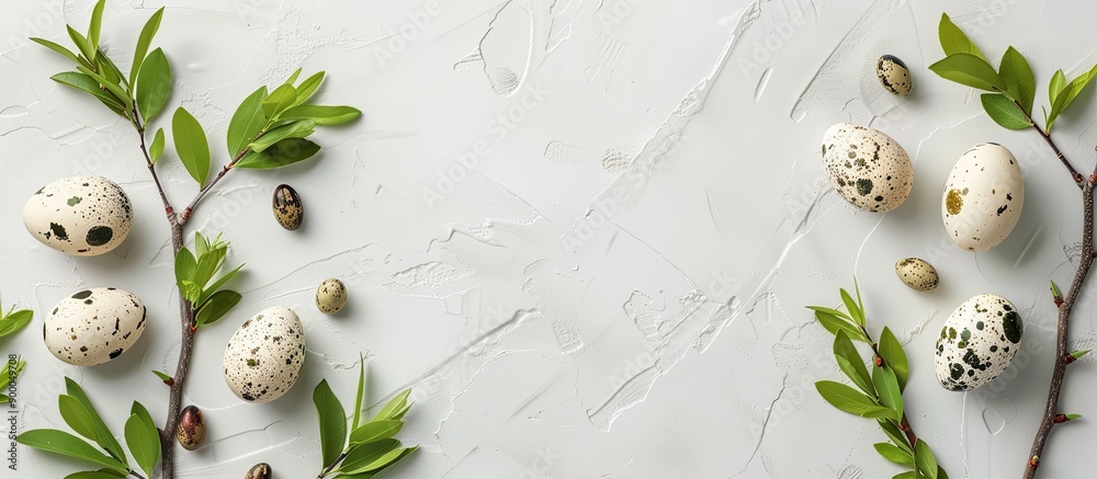 Leinwandbilder minimal easter composition featuring branches with green leaves and natural quail eggs on a light gr