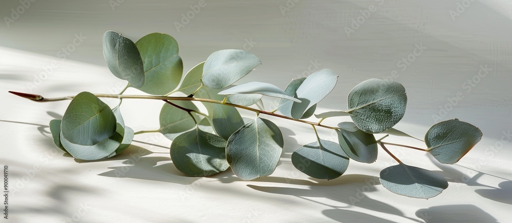 Aufkleber a front facing view of a fresh eucalyptus branch casting a crisp shadow on a gray backdrop providing