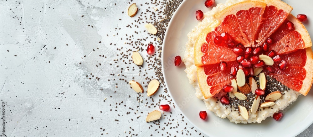 Poster Nutritious oatmeal plate topped with grapefruit pomegranate almonds and chia seeds Ideal for breakfast fitness and nutrition Displayed from above in a flat lay composition with copy space image