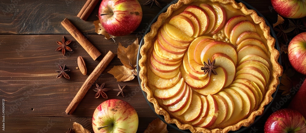 Aufkleber Close up top view of a homemade fruit tart with golden crust featuring whole and halved apples cinnamon sticks and anise seeds against a background with copy space image