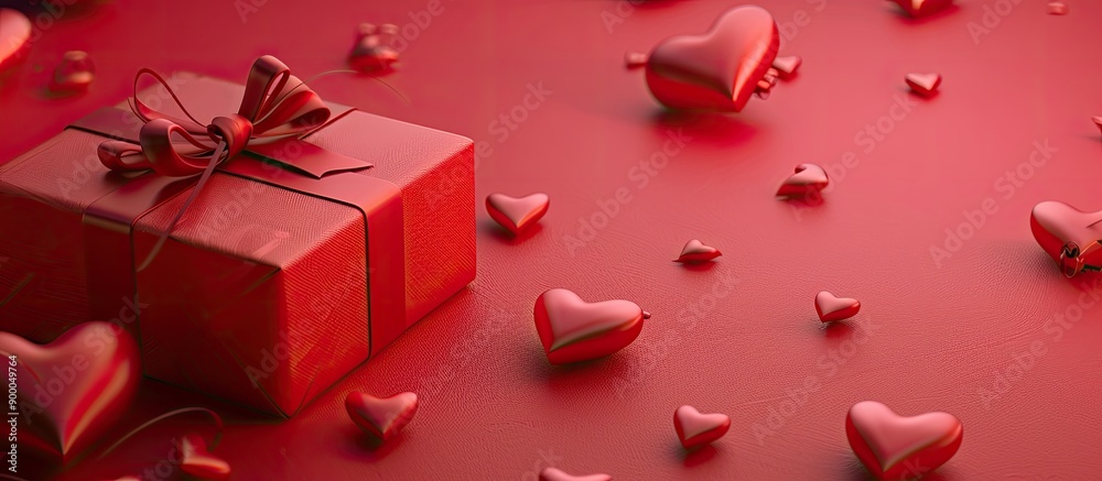 Poster Valentine s day present on a crimson backdrop featuring heart motifs with space for text or other images. with copy space image. Place for adding text or design