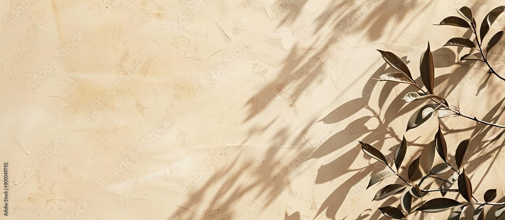 Poster diagonal shadows of tree leaves create an abstract nature themed background on a beige wall texture 