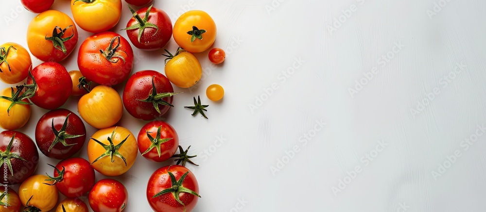 Poster fresh farm tomatoes in red yellow and other hues displayed in a top view flat lay on a white backgro