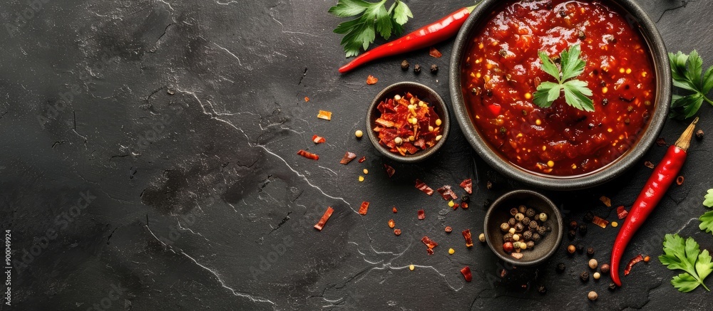Leinwandbilder A container of spicy sauce sits on the table with a blank space for adding images. with copy space image. Place for adding text or design
