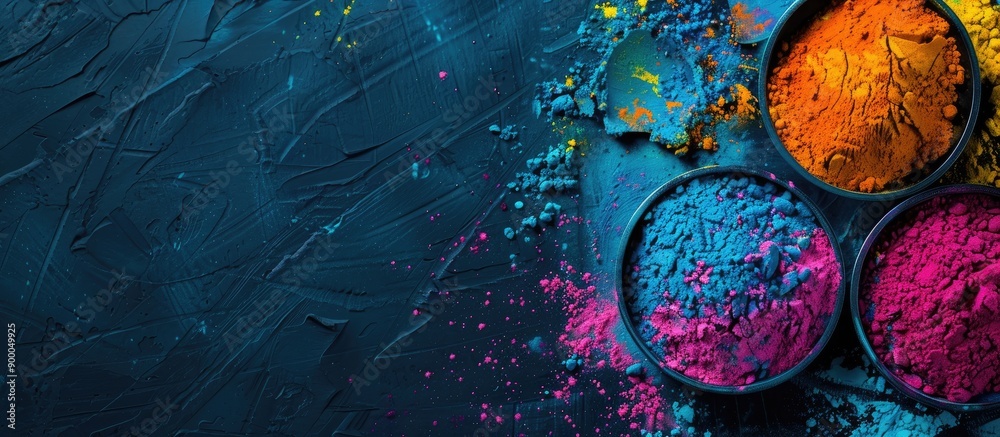 Poster Top view of colorful powder dyes against a dark background perfect for adding text in the copy space image capturing the essence of the Holi festival