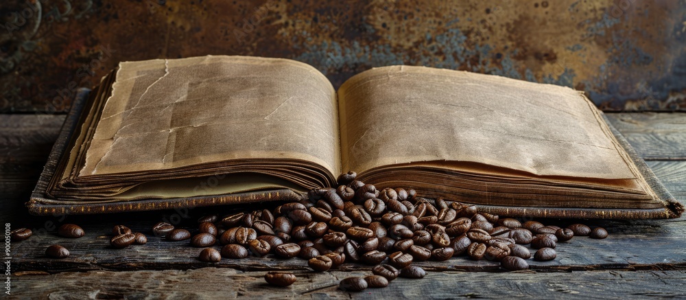 Leinwandbilder An old vintage open book serves as a rustic backdrop for a display of roasted coffee beans with space for text or design elements in the image. with copy space image. Place for adding text or design