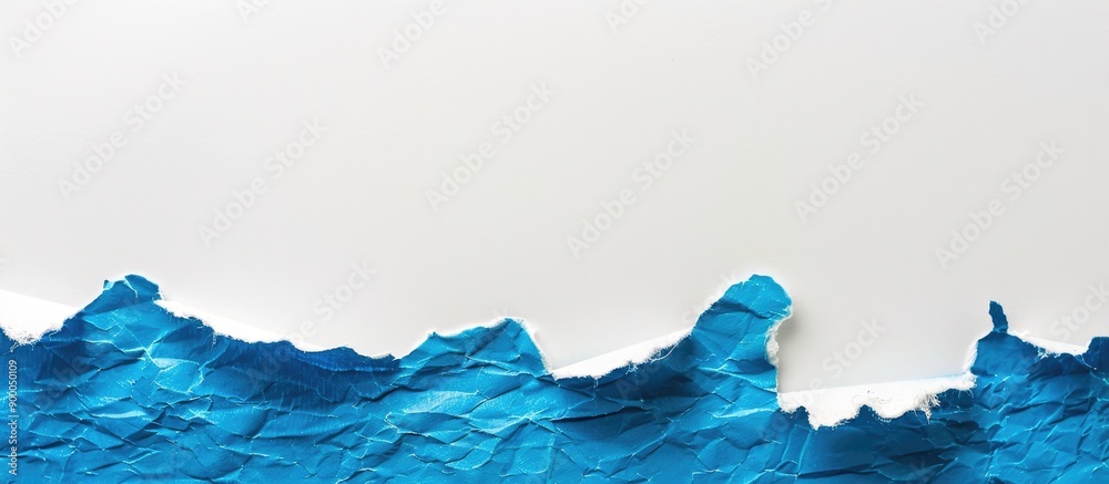Poster white and blue rice paper with torn edges on white background with copy space image