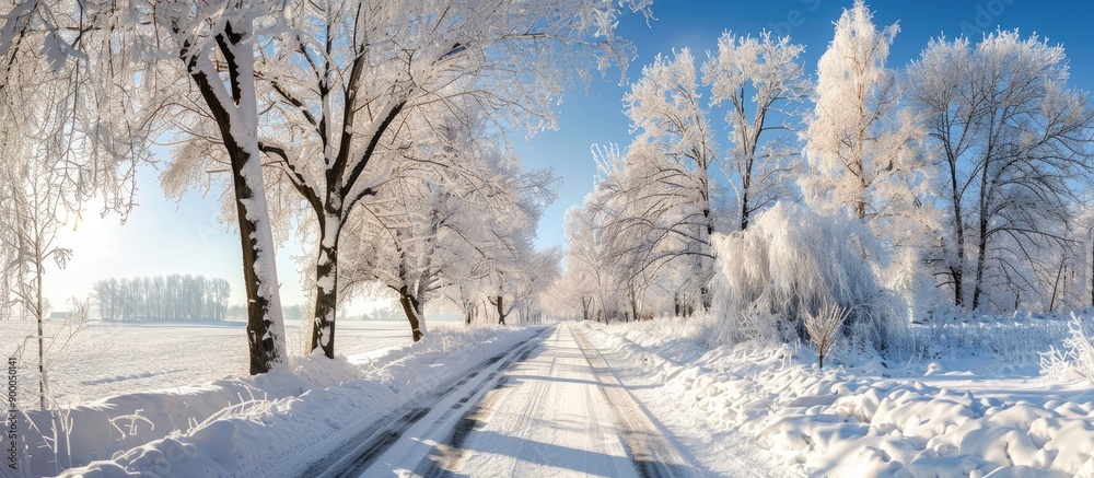 Poster a snowy landscape with trees alongside a road offering a serene winter scene perfect for a copy spac