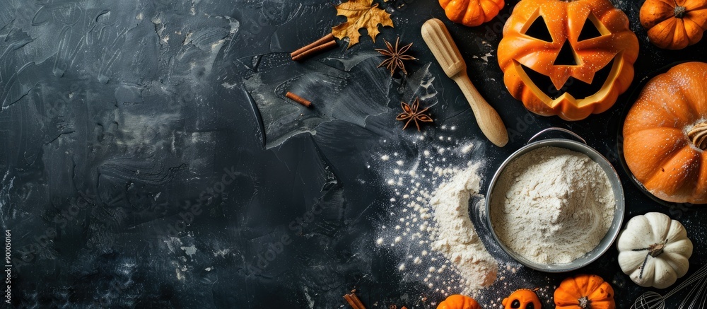 Poster baking a halloween cake at home using ingredients and flour on a dark background leaving copy space 