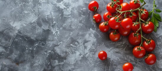 Cherry and Roma tomatoes displayed on a grey backdrop with copy space image