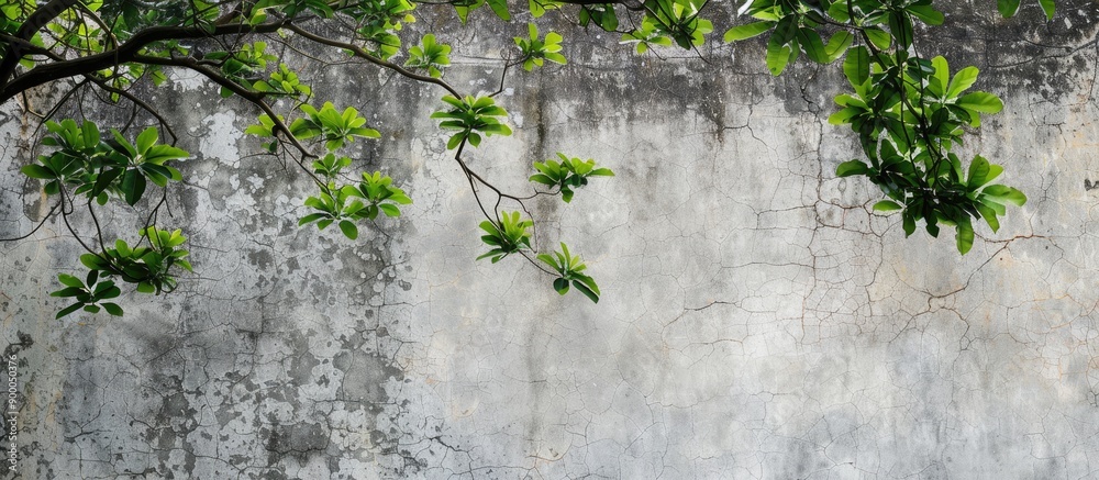 Poster weathered cement wall next to green tree branches ideal copy space image for architectural backgroun