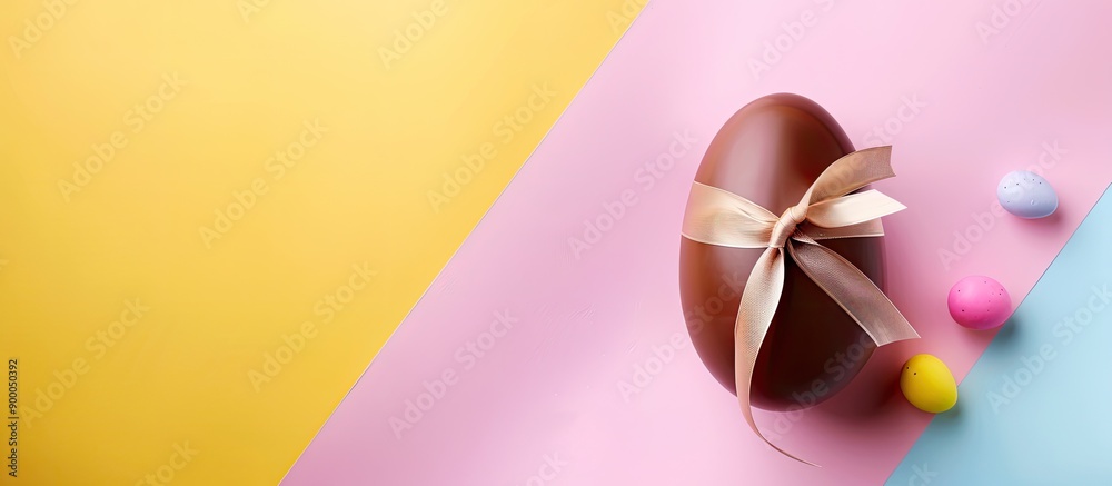 Poster Easter egg made of sweet chocolate with a ribbon displayed on a colorful background with copy space image