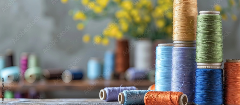 Poster Background with ample copy space image for text or logo alongside spools of sewing thread