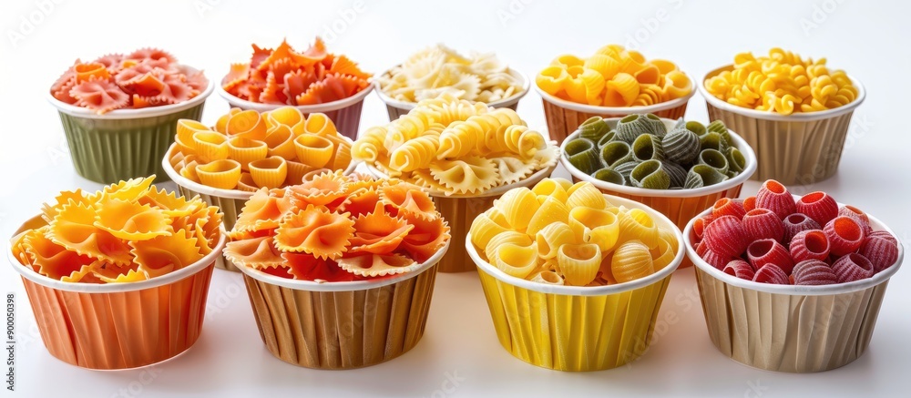 Aufkleber a colorful assortment of pasta displayed in disposable kraft paper cups against a white backdrop pro