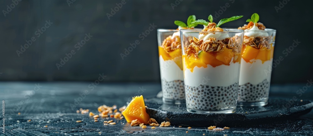 Poster chia seed pudding adorned with mango and granola in a glass ideal for breakfast it s a vegan superfo