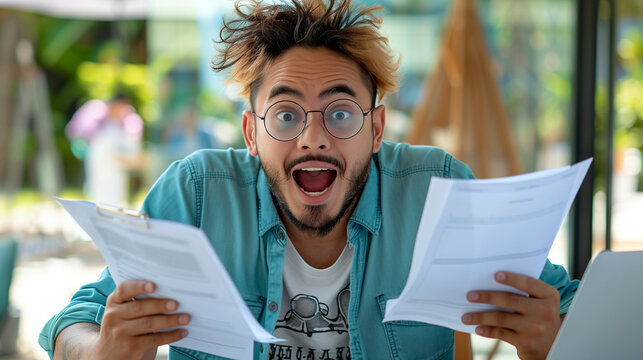 Surprised and Excided Professionals Reading Documents in Modern Workspaces