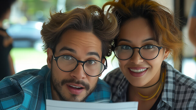 Surprised and Excided Professionals Reading Documents in Modern Workspaces
