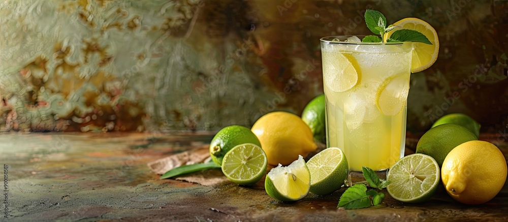 Aufkleber A refreshing glass of homemade lemonade with lemons and limes on the side set against a background with ample copy space image