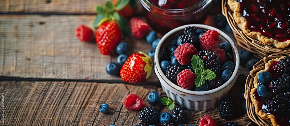 Poster a vintage style home dessert featuring pies in a basket filled with jam berries and fruit with copy 