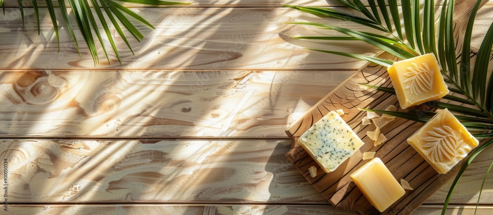 Poster Handmade soap bars on a rustic wooden surface with soft shadows cast by palm leaves creating a serene setting for featuring spa products with ample copy space image