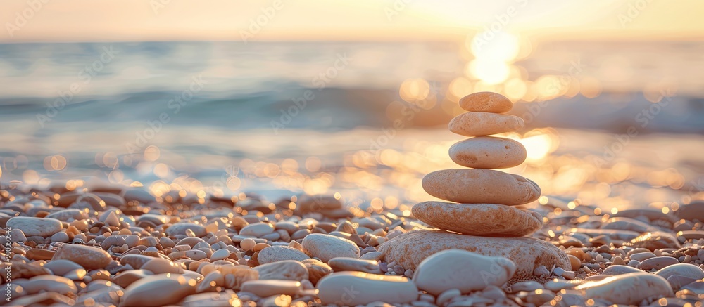 Poster pebbles pyramid on the beach with a sunny day and clear sky at sunset and a blue sea in the backgrou