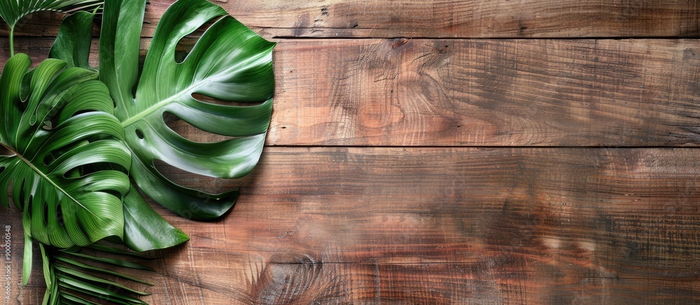 Poster top view of a monstera leaf with a philodendron leaf design on an old wooden table background with r