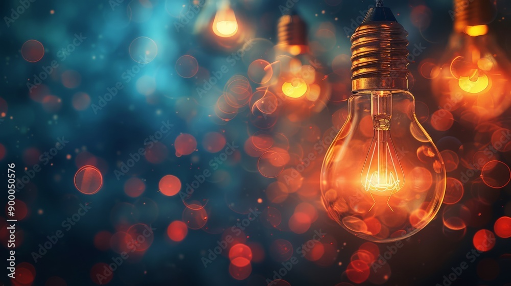 Poster hanging light bulb with bokeh effect and abstract background. creativity and inspiration concept.