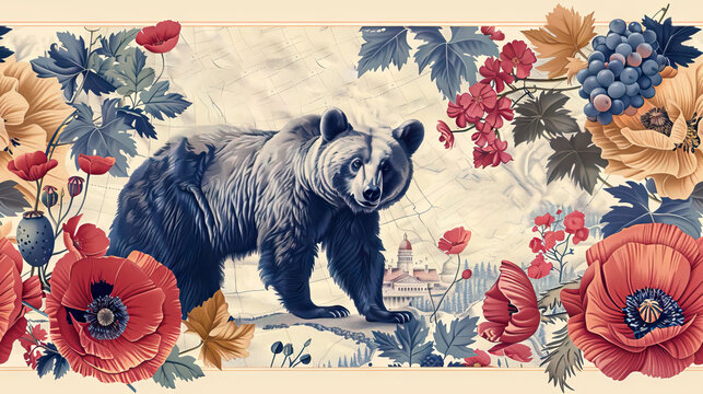 the california state bear, poppies, and grapes background with copy space.