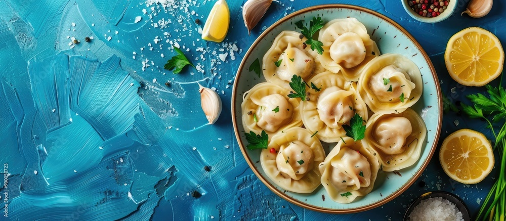 Poster top view of traditional russian dumplings and ravioli on a blue background with copy space image ava