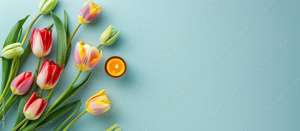 Poster A serene setting with vibrant tulips a candle and a pale blue backdrop allows room for text in this flat lay copy space image
