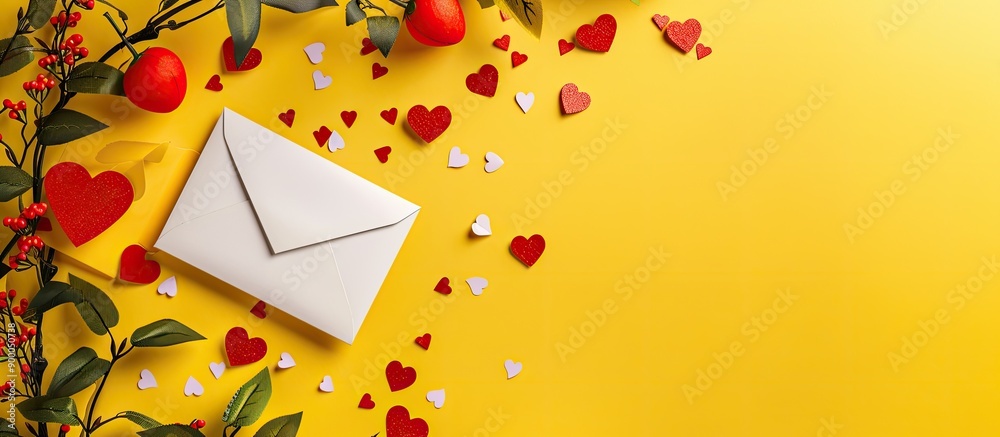 Poster valentine s day concept showcased in a mockup with a love letter hearts and a yellow background in a
